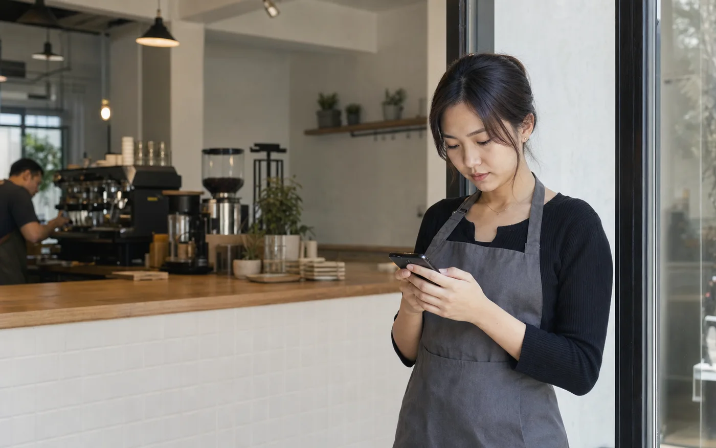 Cafe staff member checking in for work on her phone